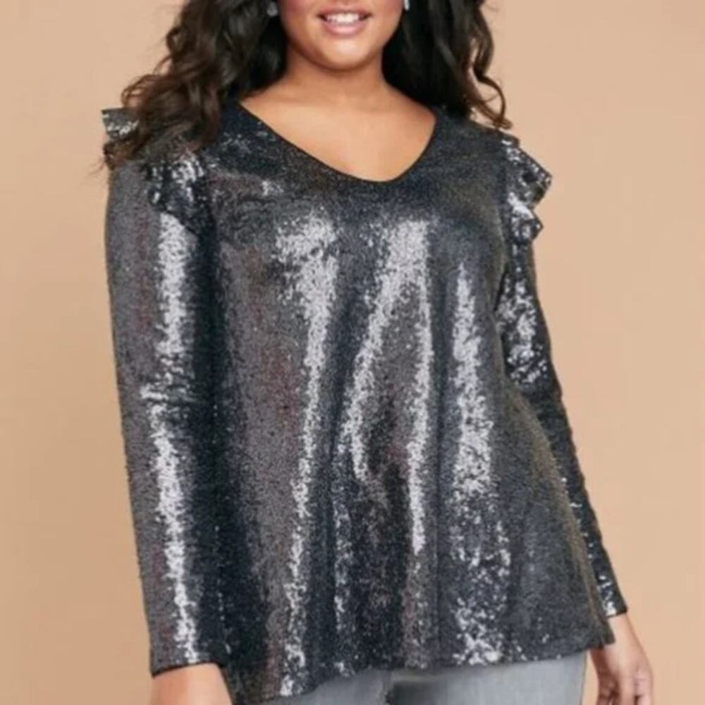 Lane Bryant Top Sequin Ruffle Cold Shoulder V-Neck Gunmetal Gray Womens Size 20